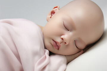 Close up view of cute little newborn baby sleeping on comfortable white bed. Motherhood concept