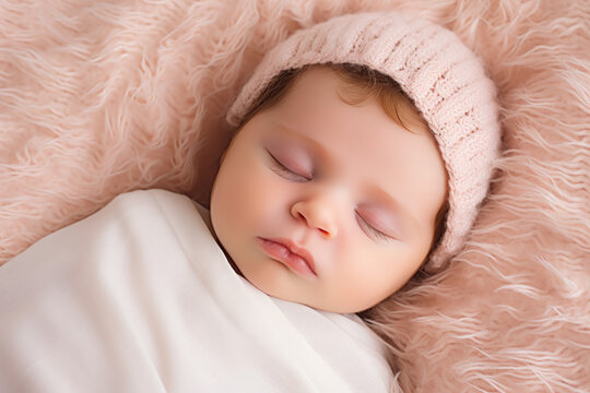 Close up view of cute little baby sleeping on comfortable bed. Motherhood concept