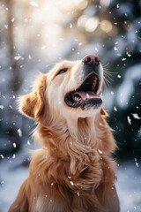 Happy golden retriever dog outdoors in the snow, Christmas winter holiday season, vertical