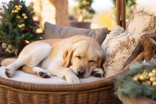 Labrador retriever dog sleeping in bed with Christmas tree and ornaments, winter holiday season
