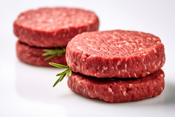 Fresh raw burger patties on a white background