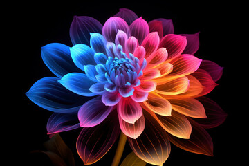 Fluorescent bioluminescent neon multicolored rainbow flower glowing in the dark in front of a plain simple black background