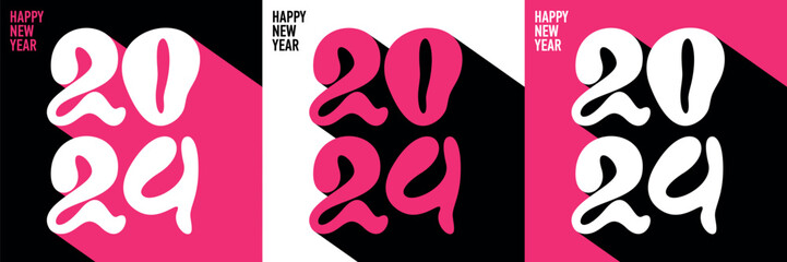 Set of vector square poster. Greeting card for Happy New Year 2024. Pink letters. Numbers 2, 0, 4. Figures on white and black background. Template for congratulations. Winter holiday, Merry Christmas