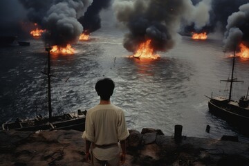 Man standing in front of water and watches the boats in flame. - Powered by Adobe