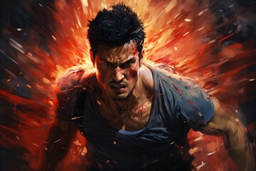 Painting of a male is running out of a fire. Aggressive digital illustration.