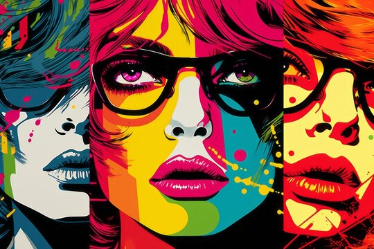  Three different photos of women with glasses, in the style of pop art.