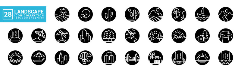 Collection of natural landscapes icon, mountains, waterfalls, beaches, bridges, editable and resizable vector EPS 10.