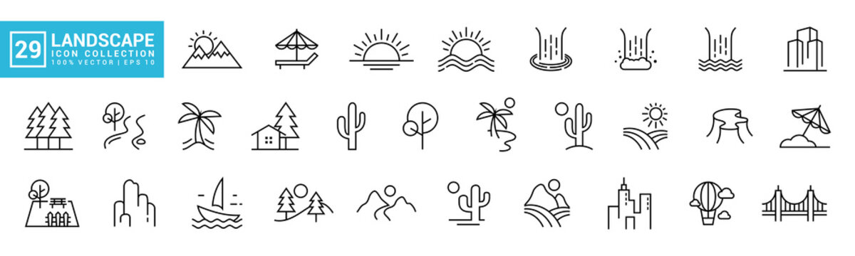 Collection of natural landscapes icon, mountains, waterfalls, beaches, bridges, editable and resizable vector EPS 10.