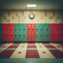 lockers in a classroom with different colored doors