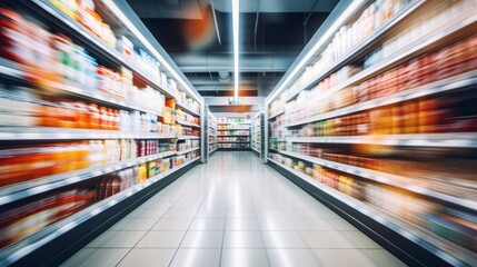 blurred image of retail shelves with goods in a supermarket