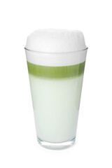 Glass of tasty matcha latte isolated on white