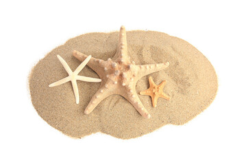 Fototapeta na wymiar Beautiful sea stars and sand isolated on white, above view