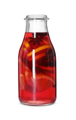 Bottle with tasty punch drink isolated on white