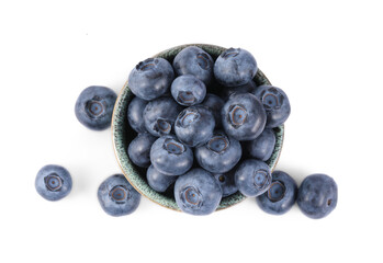Fresh ripe blueberries isolated on white, top view