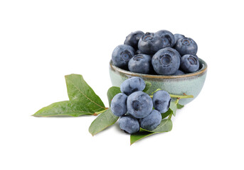 Fresh ripe blueberries and leaves isolated on white