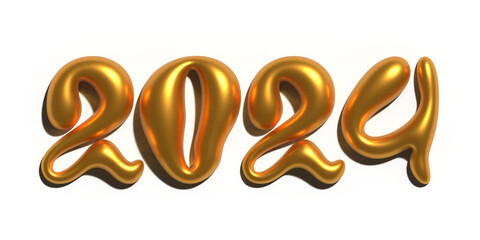 Horizontal banner. Greeting card for Happy New Year 2024. Golden 3D numbers 2, 0, 4. Merry Christmas. Volumetric metal glossy figures on transparent background. Congratulations. Winter holiday