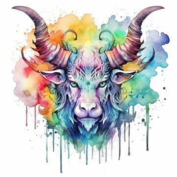 AI generated illustration of a fantasy creature with horns and colorful paint splatter
