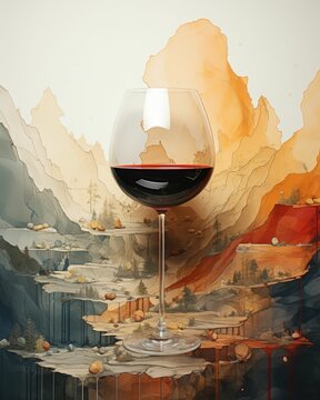 AI generated illustration of a glass of red wine set in front of an abstract painting