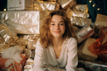 Fototapeta na wymiar Beautiful young woman with curly hair in a white sweater is sitting on the floor among gifts.