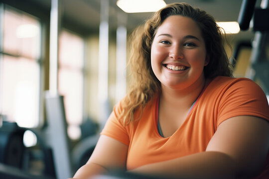 Portrait of a Smiling Curvy Young Woman Exercising on a Treadmill in a Gym