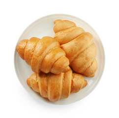 Plate with delicious fresh croissants isolated on white, top view
