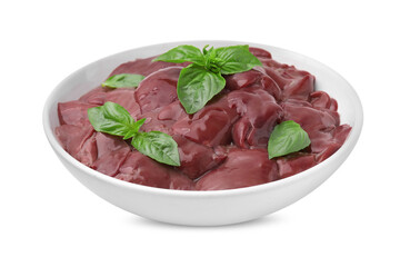 Bowl with raw chicken liver and basil isolated on white