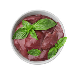 Bowl with raw chicken liver and basil isolated on white, top view