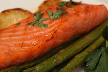 Tasty grilled salmon with asparagus and parsley, closeup