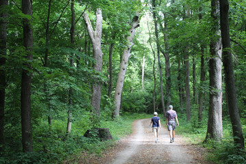 Older couple walking on the Des Plaines River Trail among tall trees at Camp Ground Road Woods in Des Plaines, Illinois