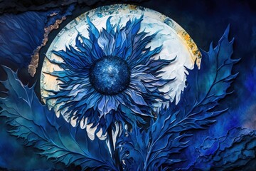 AI generated illustration of a blue flower on the background of a moon