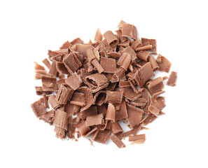 Pile of tasty chocolate shavings isolated on white, top view