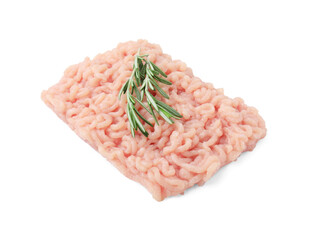 Fresh raw minced meat and rosemary isolated on white