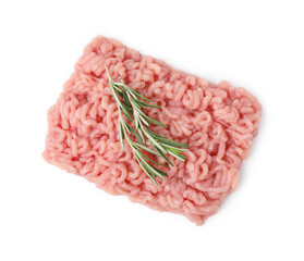 Fresh raw minced meat and rosemary isolated on white, top view