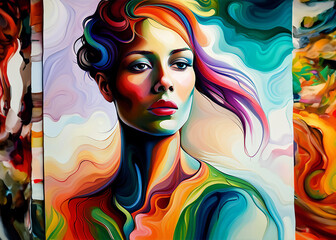 Abstract portrait of a woman with rainbow colored hair