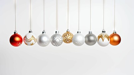 AI generated illustration of festive Christmas ornaments hanging from a rope with a white background
