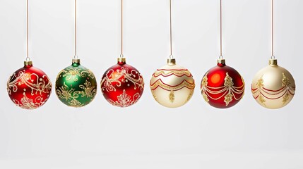 AI generated illustration of festive Christmas ornaments hanging from a rope with a white background