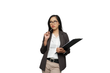 Beautiful Young Asian Businesswoman Thinking Cutout Isolated Background