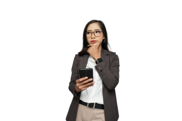 Beautiful Young Asian Businesswoman Thinking Cutout Isolated Background