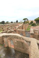 roofless ruins of the ancient city of Ostia Antica near Rome, Italy 