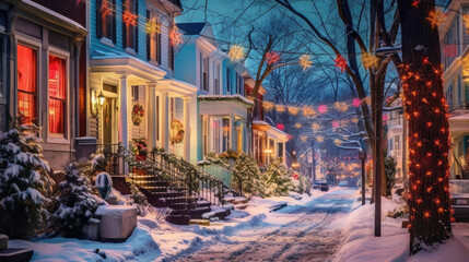 A snowy street with houses adorned with Christmas lights and decorations.