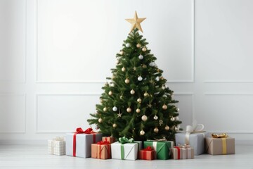 AI generated illustration of a Christmas tree surrounded by presents and a star ornament
