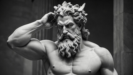 Male statue of a Roman deity, muscular Zeus with lightning in his hands in Olympus. - obrazy, fototapety, plakaty