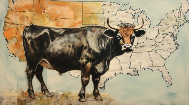 AI generated illustration of a cow with a map of the United States of America in the background