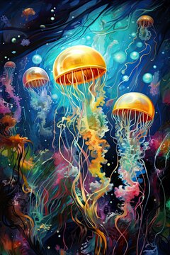 AI generated illustration of a vibrant painting of a tropical ocean with school of jellyfish