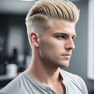 Blond man with faux hawk haircut in hair salon