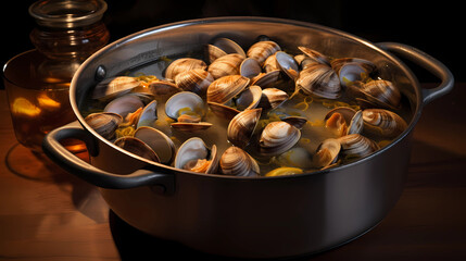 Boiled clams in a pot of broth