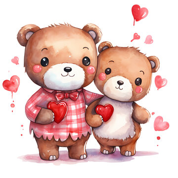 Watercolor Cute Cola Bear Couple Valentine Clipart Illustration