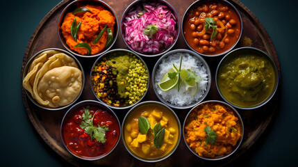 Colorful Indian street food on vibrant plates