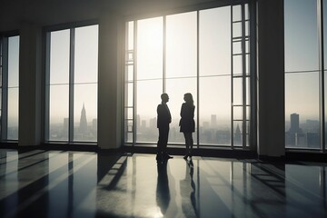 Silhouettes of two businessmen standing in a large room of a skyscraper. AI generated digital art