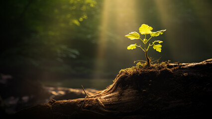 A precious little tree growing from a cut down tree in the forest - obrazy, fototapety, plakaty